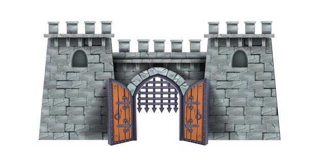 Old castle tower vector illustration stone medieval cartoon fortress wooden open city gate grate