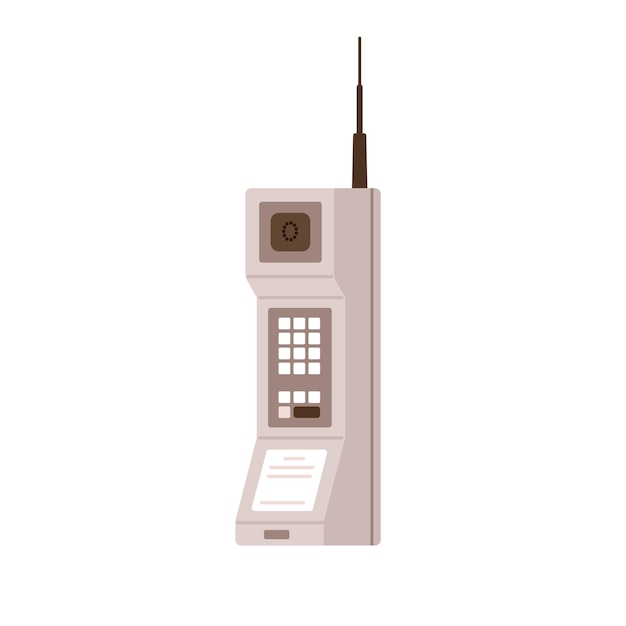 Old cell phone with antenna. First portable mobile telephone of 1973. Retro wireless big cellphone of 70s, 80s, handheld model. Flat graphic vector illustration isolated on white background.