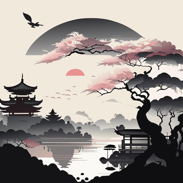 Old china village with sakura tree on sunset and clouds detailed in the century