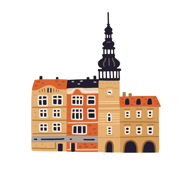 Старая ратуша с башней с часами и колокольнями в остраве. знаменитое чешское здание. цветная плоская векторная иллюстрация европейской архитектуры на белом фоне.