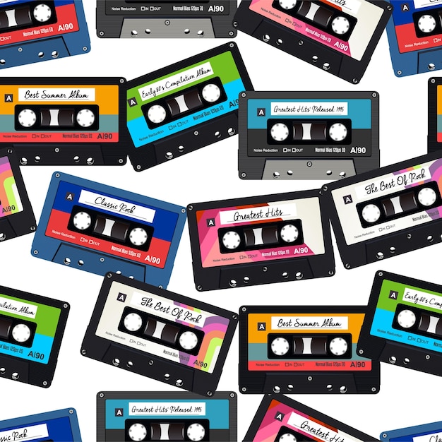 Old colorful audio cassettes seamless background