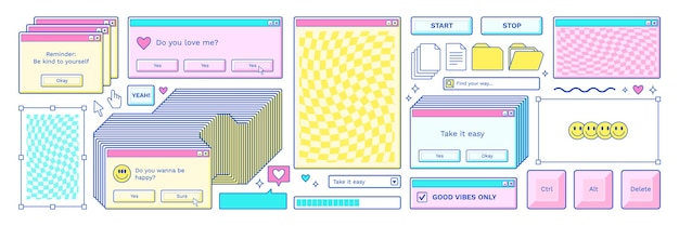 Old computer aestethic Retro pc elements user interface windows icons in trendy y2k retro style