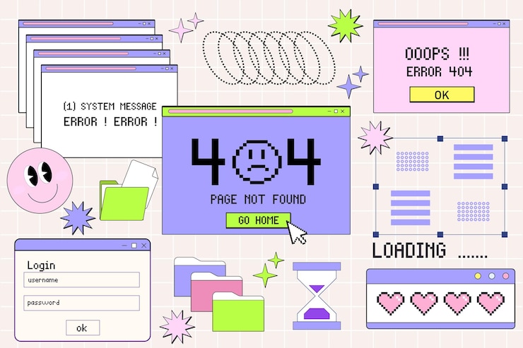 Vector 웃는 얼굴  ⁇ 스터 스티커와 함께 90 년대 vaporwave 스타일의 오래된 컴퓨터 브라우저