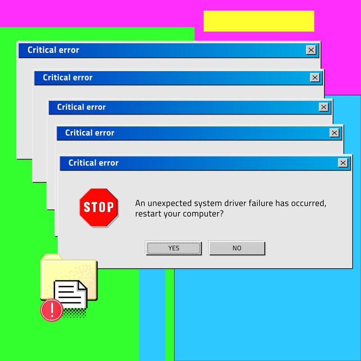 Vector old computer critical error notification os message pc restart dialog window ui frame buttons choice desktop screen driver failure screen interface notice text vector retro banner