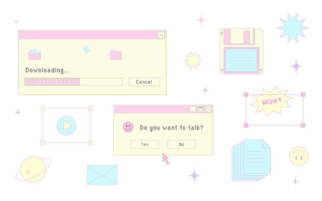 Vector old computer user interface, 1990s - 2000s style, retro pc elements, trendy y2k aesthetic set