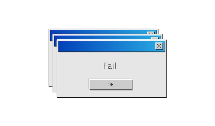 Vector old computer window popup fail square frame with system error message and buttons interface design of program notification warning information about software bug vector failure