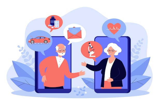 Old couple chatting online, discussing news and health illustration