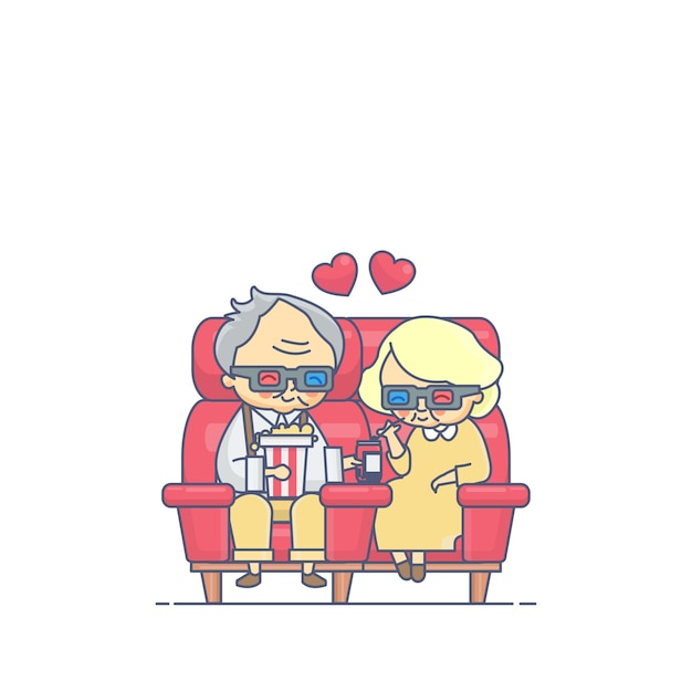 Old couple eating popcorn and watching movies