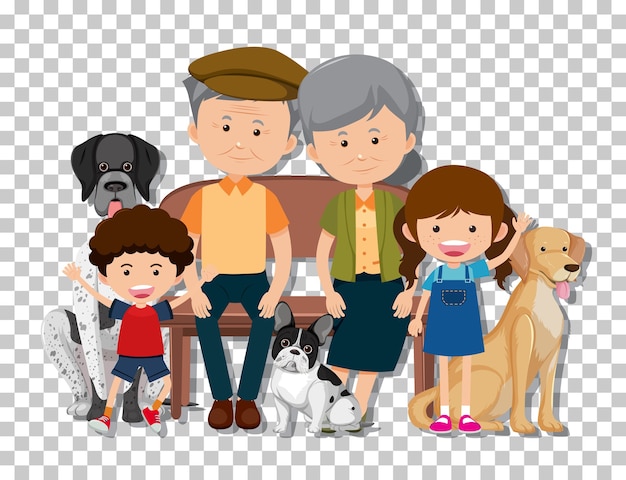 Vector old couple and grandchild with their pet dogs isolated on transparent background