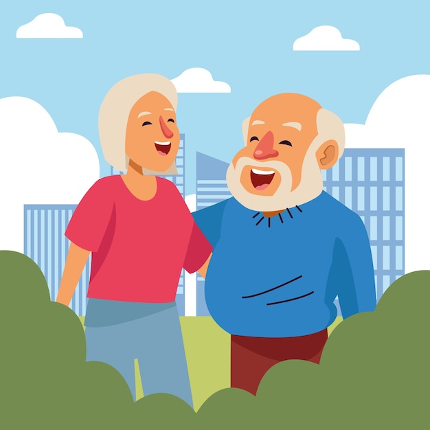Старая пара счастлива на городских активных пожилых персонажах.