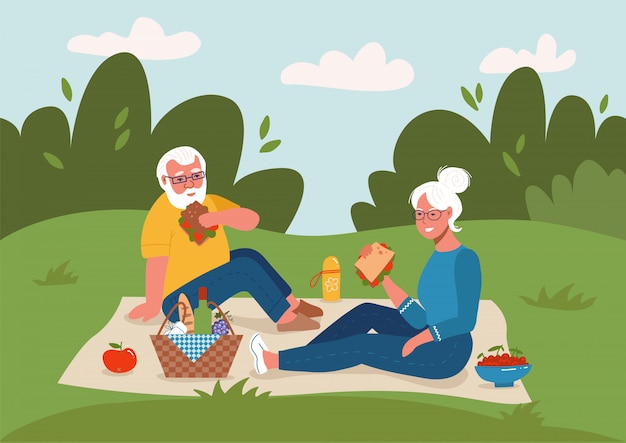 야외 피크닉 데 오래 된 커플 행복 한 은퇴 평면 스케치 그림입니다. 노인 남자와여자가 바닥에 앉아.