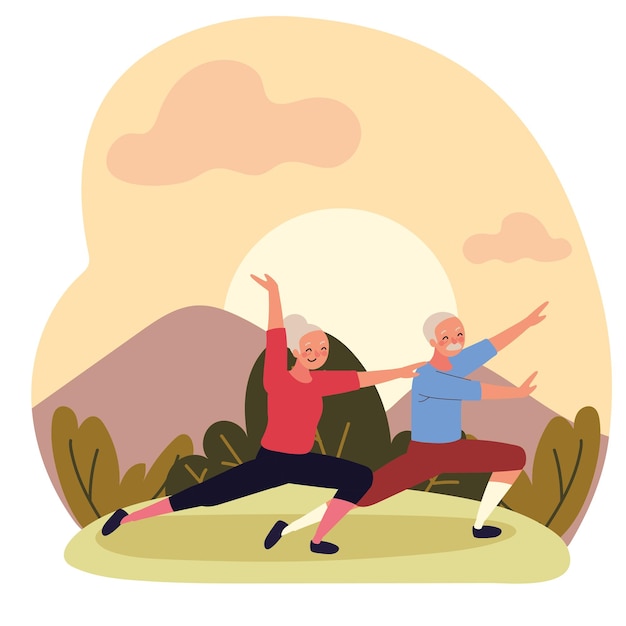 Old couple making yoga