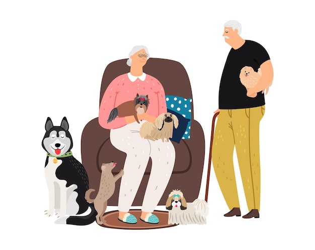 Old couple and pets. grandmother grandfather with different puppies