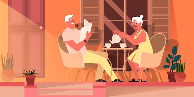 Старая пара проводит время вместе. женщина и мужчина на пенсии. счастливые дедушка и бабушка пьют чай дома. старик курит трубку и читает газету. иллюстрация