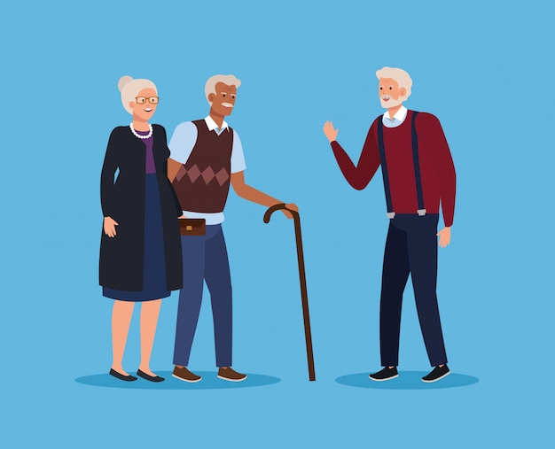 Old couple together and man with walking stick