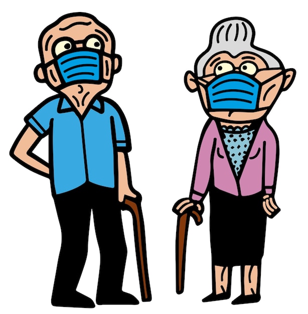 Old couple with facemasks and canes