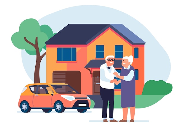 Old couple with house Senior family in front of mansion Home and car Grandparents townhouse Elderly people happiness Residential building Retired wife and husband Vector concept