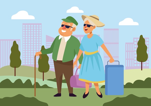 Vector old couple with suitcases active seniors characters.