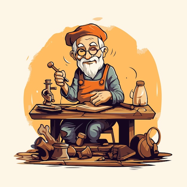 Vector old craftsman working in his workshop hand drawn vector illustration