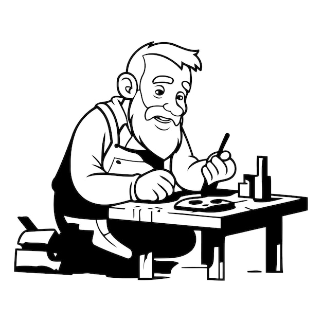 Old craftsman working in his workshop Vector illustration in cartoon style