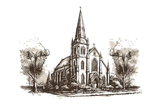 Old Czech cathedral with tower Black color in sketch style Vector illustration