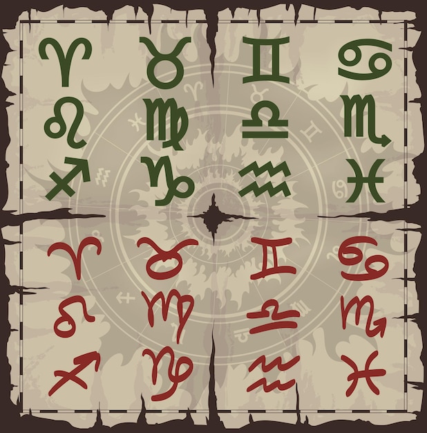 Vector old damaged sheet of paper with zodiac symbols