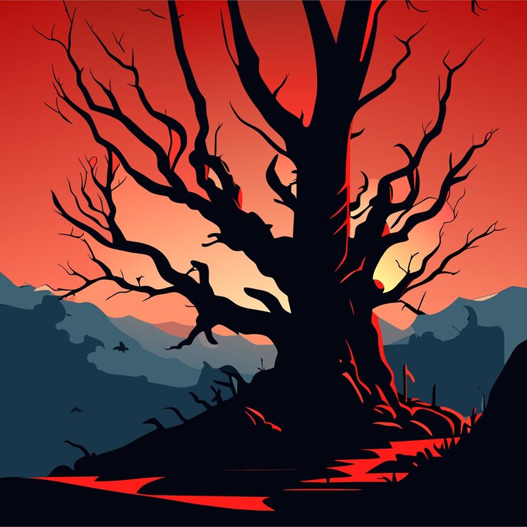Vector old dark trees with roots dead forest tree old dark trees with roots black trees and roots
