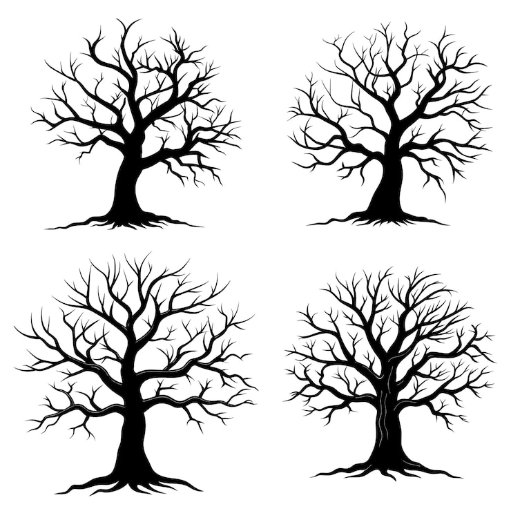 Vector old dark trees with roots dead forest trees black silhouette dead tree illustration