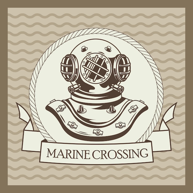 Vecchio casco subacqueo nautico grigio vintage emblema illustrazione