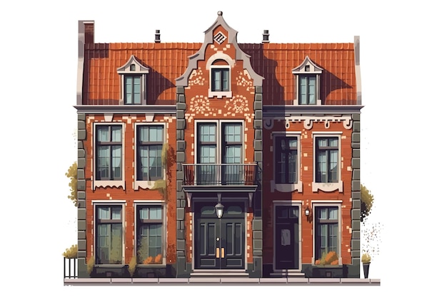 Old Dutch house historical vintage facade isolated on background Cartoon vector illustration