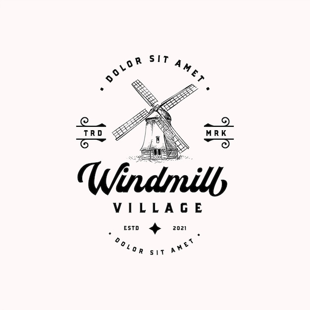 Vector old dutch type wind mill hand drawn vintage logotype template