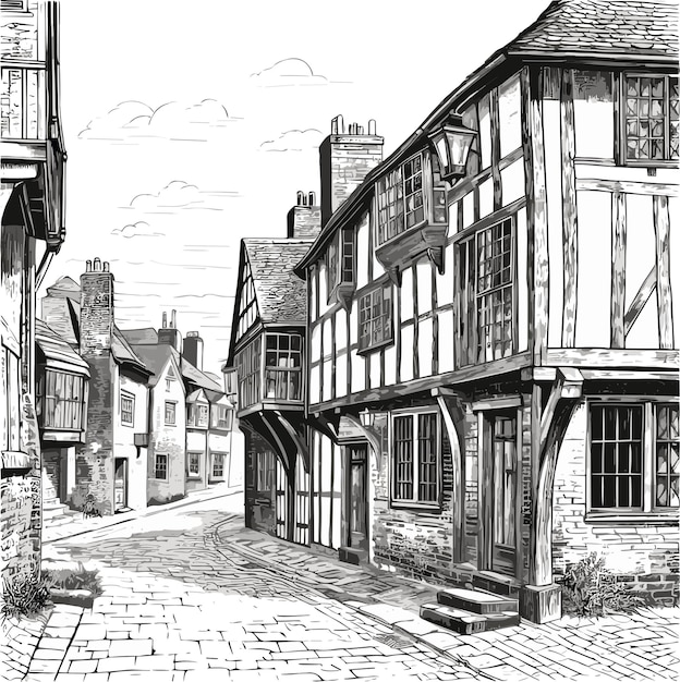 Vector old english or european town engraving black and white vector illustration