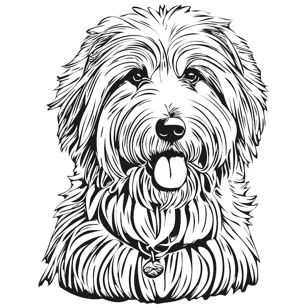 Old English Sheepdog dog cartoon face ink portrait black and white sketch drawing tshirt print realistic breed pet