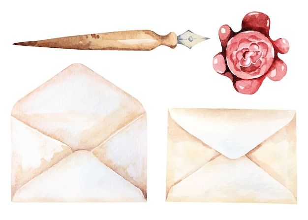 Old envelope painted in watercolor with wax stampedAntique ink pen drawing watercolor