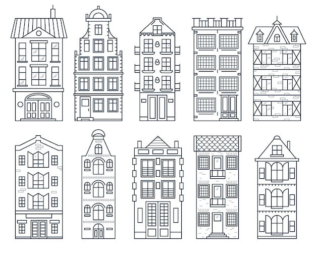 old europe house building sign contour linear icon set vector