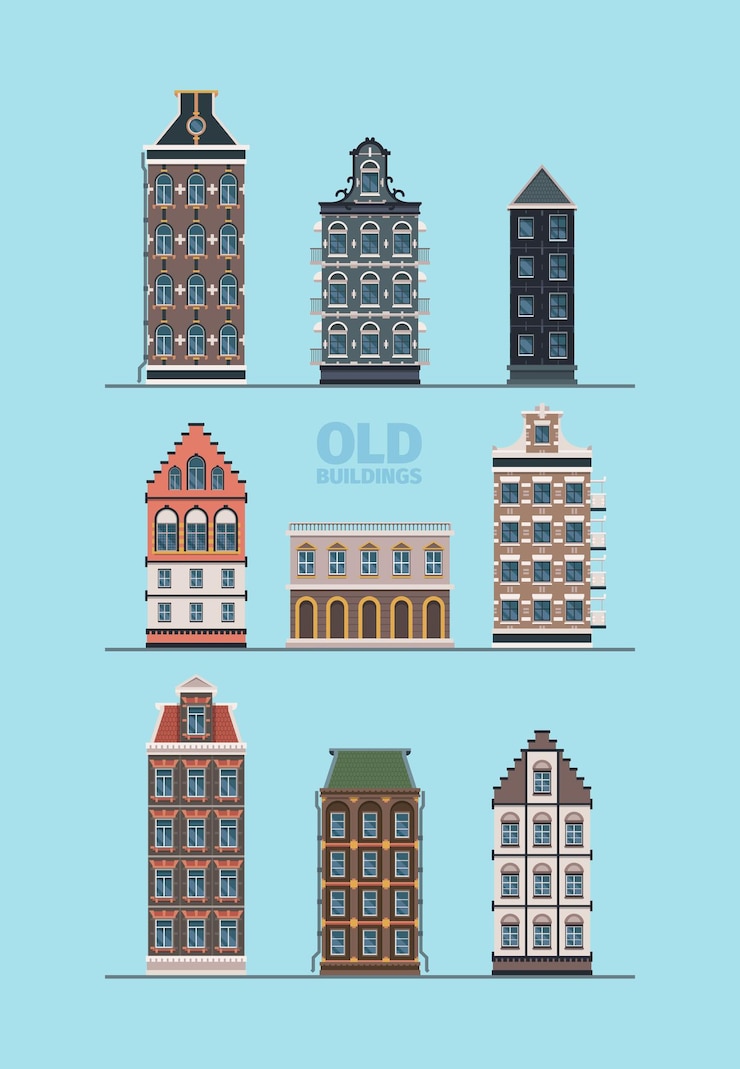 Vector old exterior buildings. european street old fashioned construction detailed beautiful facades garish flat vector pictures collection. illustration exterior building, house architecture