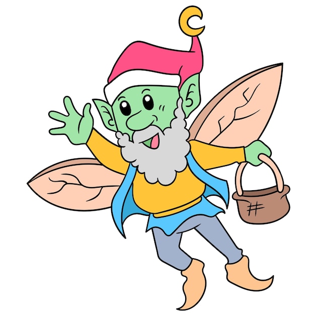 The old fairy dwarf flew home carrying an empty basket, vector illustration art. doodle icon image kawaii.