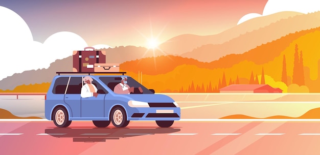 Vettore vecchia famiglia che guida in auto durante le vacanze settimanali viaggiatori afroamericani anziani coppia che viaggiano in auto concetto di vecchiaia attiva tramonto paesaggio sfondo orizzontale vettore illustrazione