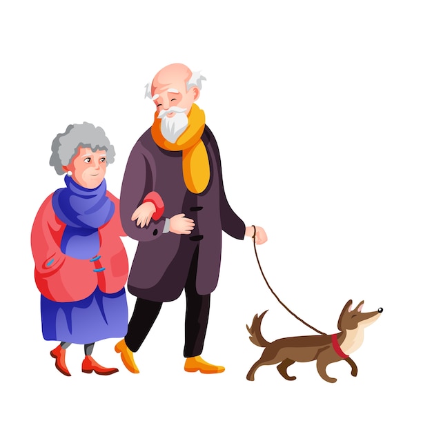 Old family walking at autumn street together with dog  cartoon illustration.