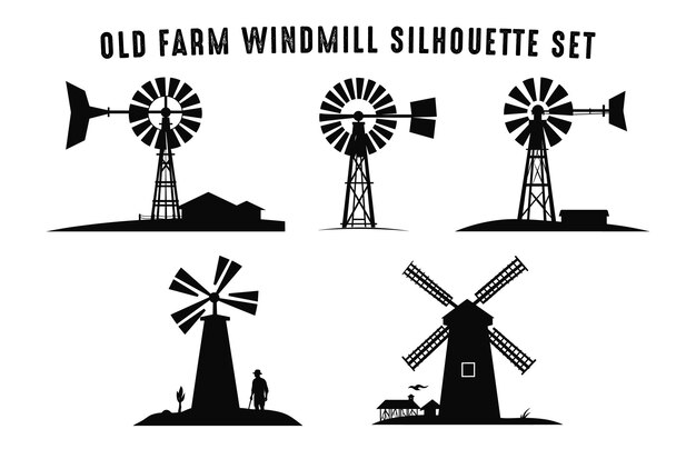 Old Farm Windmill Silhouette black Vector Set Water pumping windmill Silhouettes Bundle