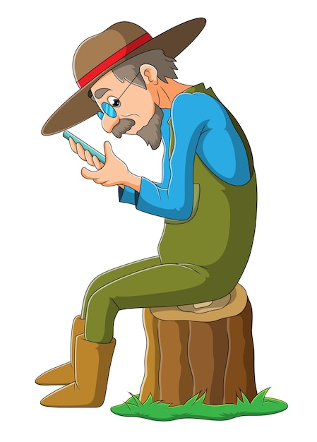 The old farmer man is playing the mobile phone of illustration