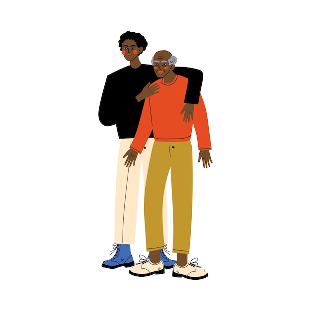 Vector old father with adult son young man hugging his dad happy african american family concept vector illustration