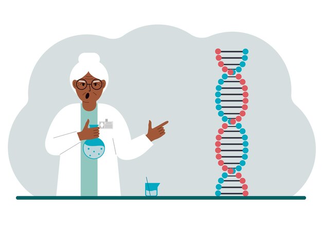 Vecchia dottoressa con matracci vicino alla catena del dna il concetto di trattamento di un nuovo pcr o malattia del virus del coronavirus