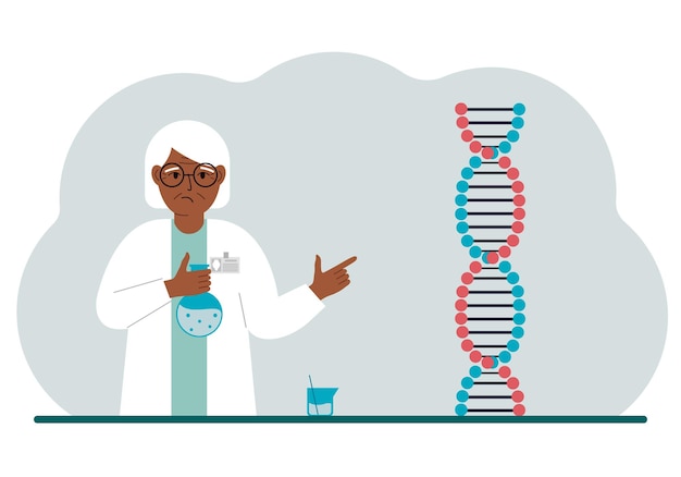 Старая женщина-врач с колбами рядом с цепью днк Концепция лечения нового вируса коронавируса пцр или болезни