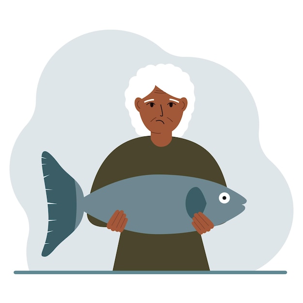 A old female fisherman holds a large fish proud of good fishing or hunting hobby fishing concept