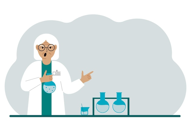 Old female scientist with flasks Experimental scientist laboratory assistant biochemistry chemical scientific research Vector flat illustration for banner advertisement or web