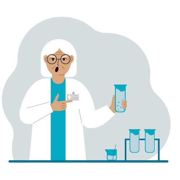 Old female scientist with flasks experimental scientist laboratory assistant biochemistry chemical scientific research vector flat illustration