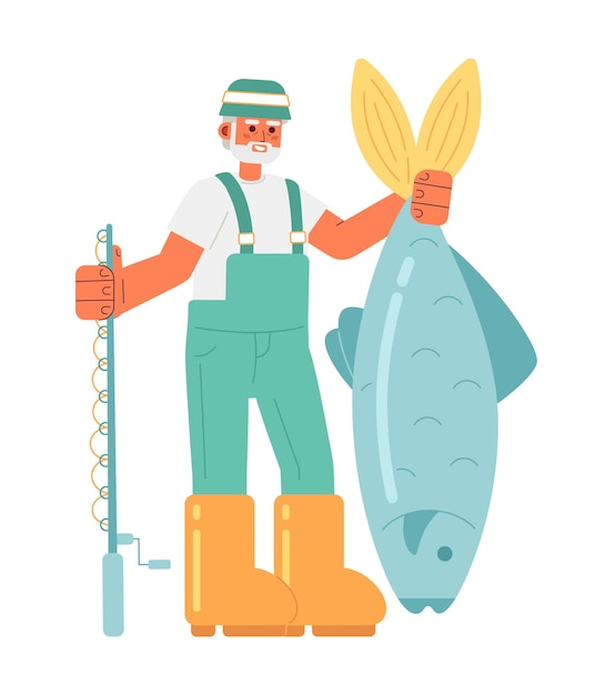 Old fisherman holding big fish and fishing rod flat concept vector spot illustration Cheerful senior man hobby 2D cartoon character on white for web UI design Isolated editable creative hero image