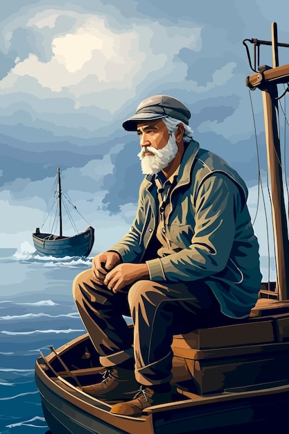 Old fishing boat mist blue background stormy old fisherman illustration