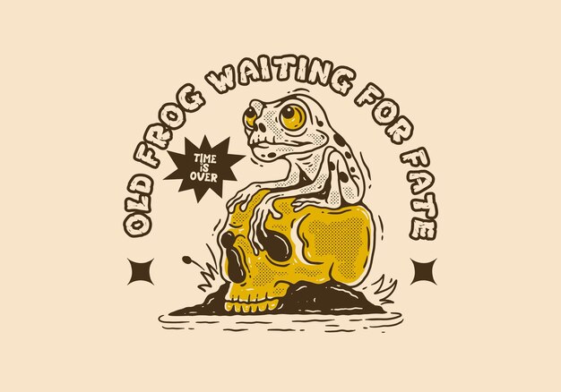 Vector old frog waiting for fate mascot character design of frog perched on the skull